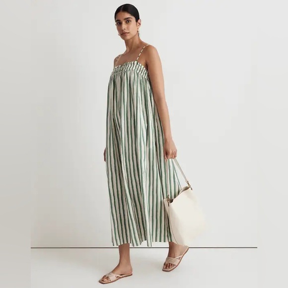 Madewell Dresses & Skirts - New Madewell Women Poplin Ruffle A Line Midi Dress in Stripe Versailles Green M